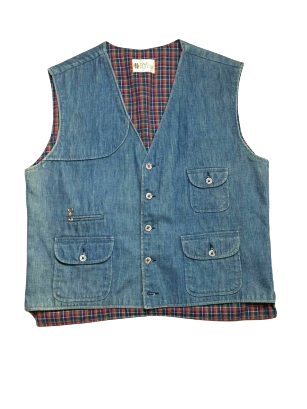 Vintage David Hunter Blue Denim Plaid Lined Vest Size 46 Western Wear